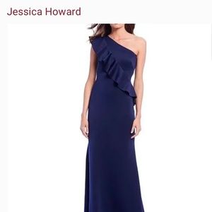 Jessica HowardJessica Howard Navy Evening Gown with Ruffle Sleeve One Shoulder